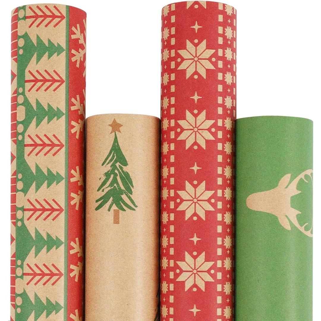 LaRibbons Kraft Christmas Wrapping Paper Set, 30 Inch X 10 Feet (4 Rolls: 100 Sq. Ft. Ttl) Snowflake, Green Tree, Deer Antlers and Gift Box Shapes Design for Xmas, Party, Holiday, Celebration