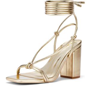 Elisabet Tang Women's Lace Up Chunky Heels Sandals, 3 inch Block Heels Ankle Wrap Strappy Heel Square Open Toe Strappy Heeled Sandals Shoes Gold Size 8