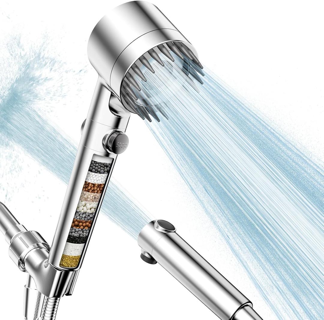 Filtered Shower Head with Handheld, High Pressure Water Flow and Multiple Spray Modes Shower Head with Filter, Power Wash for Hard Water, Showerhead with ON/OFF Switch for Pets Bath (Chrome)