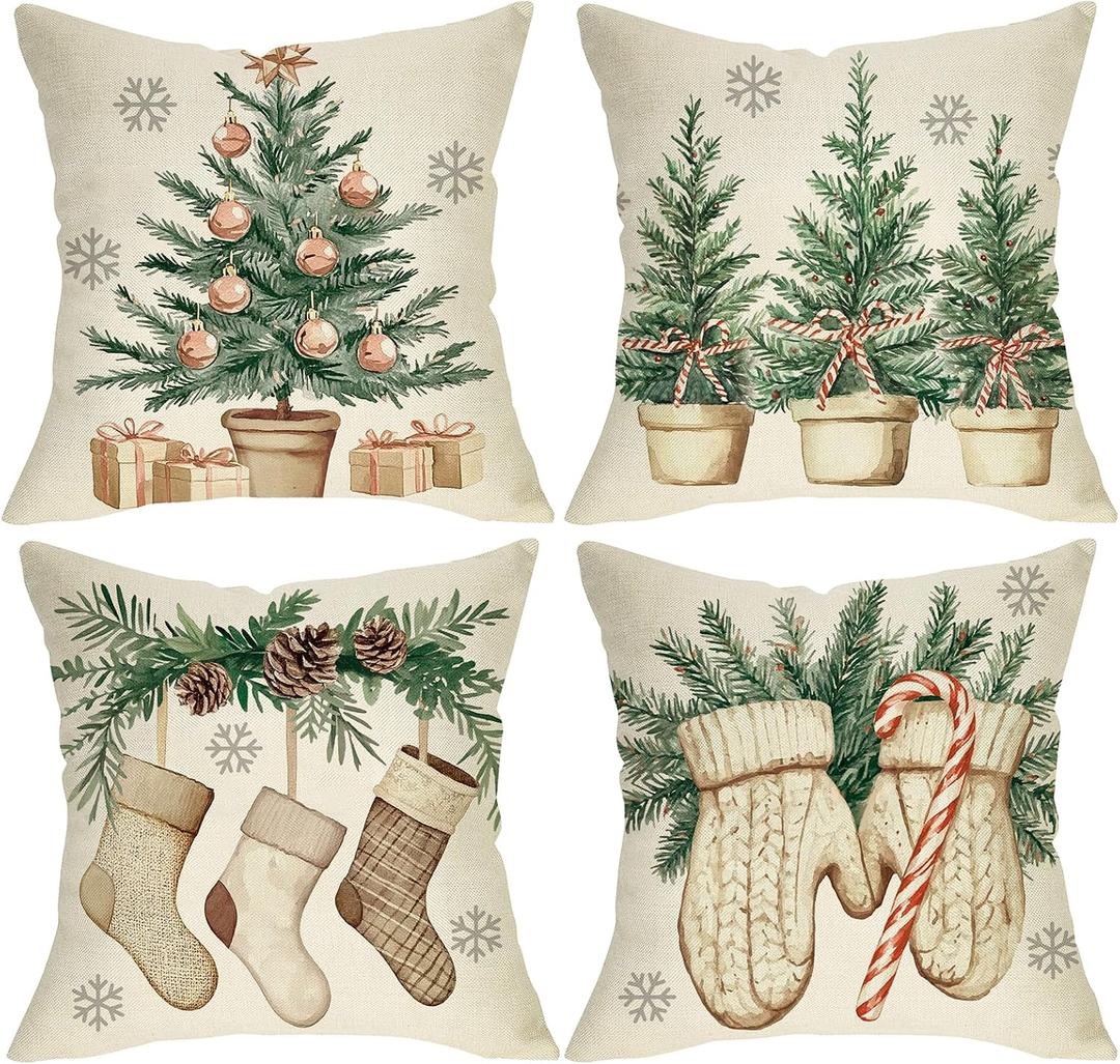 Winter Christmas Tree Decorative Throw Pillow Covers 18 x 18 Set of 4, Mitten Stocking Gifts Porch Outdoor Home Decor, Seasonal Candy Cane Snowflake Sofa Couch Cushion Case