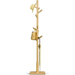Solid Wood Square Base Coat Rack, Free Standing Hall Coat Tree with 8 Hooks+2 spare) for Coats, Hats, Bags, Purses, for Entryway, Hallway, Rubberwood Hooks,Base and Pole,(Square Base, Natural Beige)