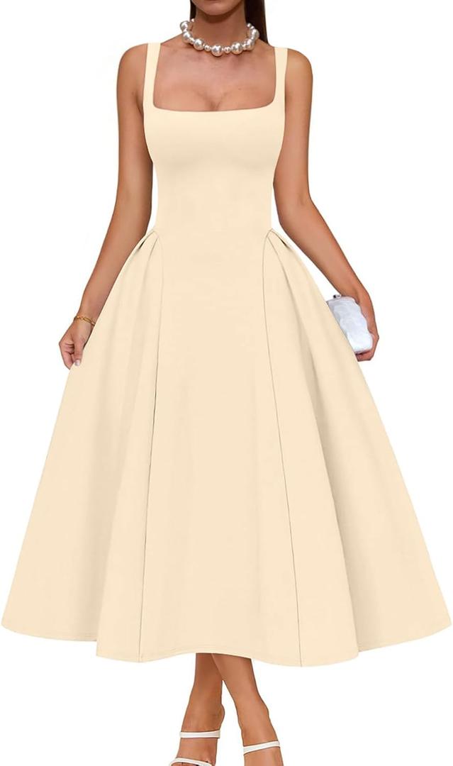 Memoriesea Women's Elegant Square Neck Swing A Line Wedding Evening Party Midi Dress (Yellow, S)