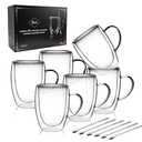 LIBWYS 4 Pack Double Walled Coffee Cups Glasses Mugs, 12oz Espresso Cappuccino Latte Tea Cups with Handle, Heat Resistant Borosilicate Clear Glasses 350ml