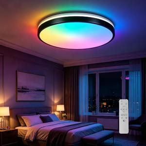 Black Bluetooth Ceiling Light, 24W 2400LM Dimmable RGB Flush Mount LED Light with 2.4G Remote, 3 CCT Ceiling Light with Speaker for Bedroom, Bathroom, Kitchen, Hallway, Hardwired