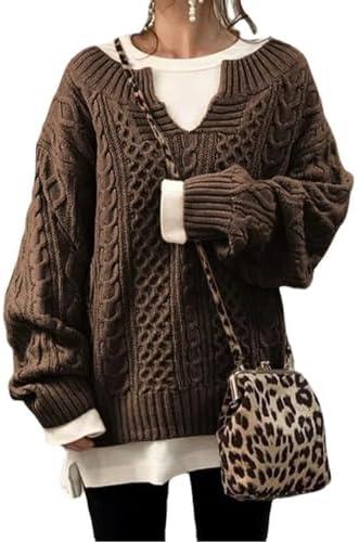 chouyatou Women's Winter Chunky V Neck Long Sleeve Loose Cable Knit Sweater Pullover, S, Brown