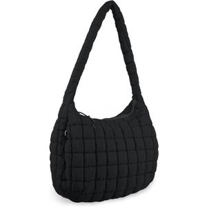 Quilted Puffer Tote Bag Purse Puffy Crossbody Shoulder Bag,Lightweight Nylon Hobo Bag Puffer Carryall Bag for Women Girl (Large, Black)