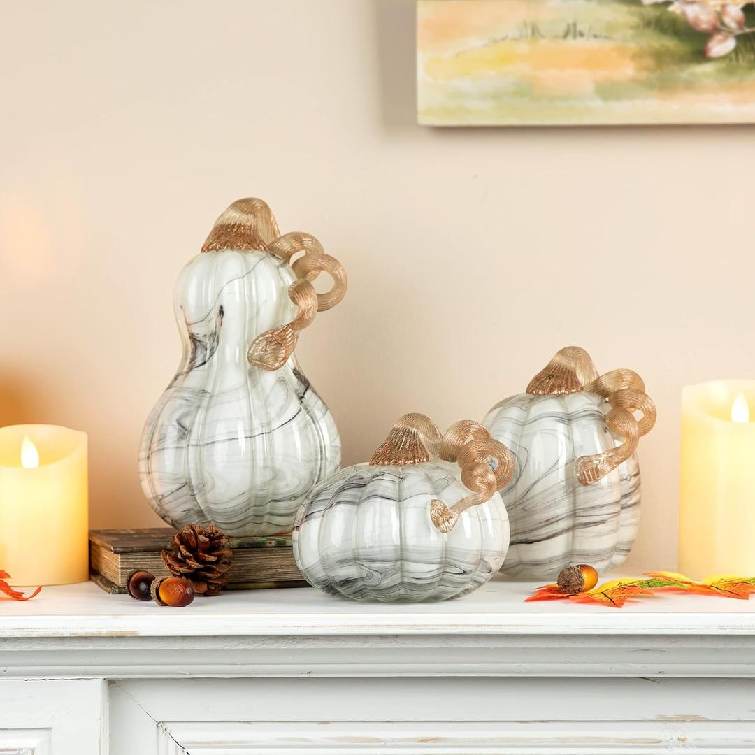 Glitzhome 3 Pack Glass Pumpkin Centerpiece, Handmade Glass Pumpkin Table Top Seasonal Decoration, Gray Marble Color