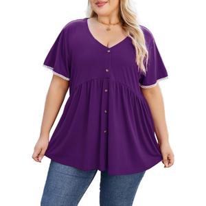 Beauhuty Women's Plus Size Shirts V Neck Button Front Tops Lace Ruffle Short Sleeve Blouse Casual Flowy Pleated Tunic Summer (XX-Large, Purple)