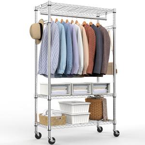 Heavy Duty Rolling Garment Rack 3 Tiers Adjustable Wire Shelving Clothes Rack with Rods and Side Hooks, Storage Closet Clothing Rack with Wheels Chrome 15.7" D x 29.5" W x 74.5" H