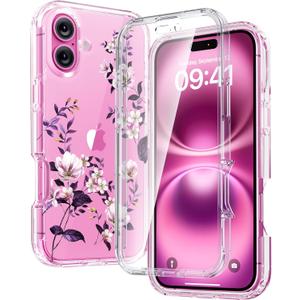 Diaclara Designed for iPhone 16 Case, Full Body Rugged Case with Built-in Touch Sensitive Anti-Scratch Screen Protector, Upgraded [Full Camera Protection] for iPhone 16 Holsters 6.1" (Clear Flower) (Camellia)