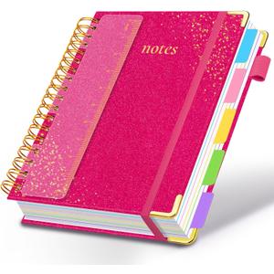 Hardcover Spiral Notebook with Removable Dividers & Tabs, 8.5"x11" 5 Subject Notebooks for Work, 300 Pages College Ruled Notebook, A4 Sparkle Lined Journal for Women Girls Note-Taking (Rose Red)
