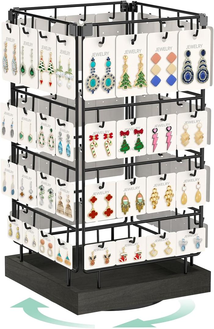 EsLuker.ly Rotating Earring Display Holder Stand for Vendors Events Selling, Large Capacity 64 Hooks Jewelry Rack with Wooden Base for Earring Card Sales, Enhances Retail Visibility