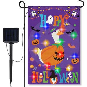 Breling Light up Halloween Garden Flag Double Sided Porch Goose Flag Solar Light LED Happy Halloween Goose Flags Seasonal Funny Yard Decorations for House Porch Patio Lawn Outside Decor, 12 x 18 Inch