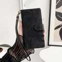 Compatible with iPhone 16 Case Wallet with Card Holder, Wristlet Strap Wallet Flip Cover for iPhone 16 6.1 inch Men/Women, RFID Blocking, Kickstand, Litchi Black