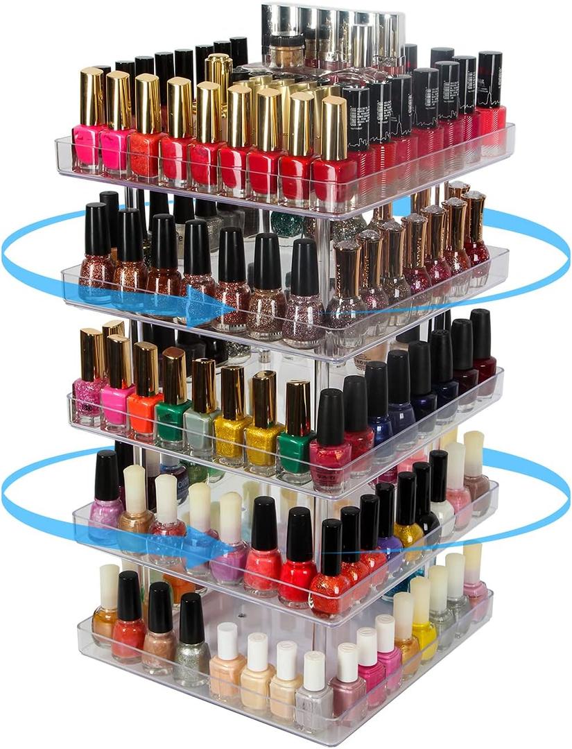 JACKCUBE DESIGN 5 Tier Clear Nail Polish 360 Rotating Display Rack Organizer Stand Makeup Cosmetics Storage Box Carousel Shelf with Acrylic Guard(5tier) :MK387-5