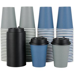 LITOPAK 100 Pack 12 oz Disposable Paper Coffee Cups with Lids for Coffee, Water, Juice, or Tea, Blue and Gray Hot Paper Cups for Home, Restaurant, Store, and Cafe