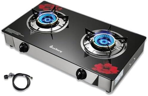 BesNerg Gas Stove 2 Burner Propane Stove Two Burner Portable Gas Cooktop, Tempered Glass Auto Ignition LPG Cooker, Suitable for Outdoor/Camping/RVs (RED)