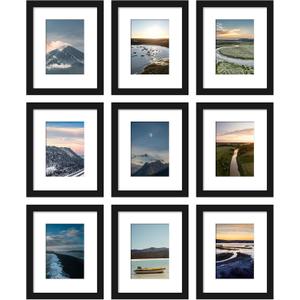 Wiscet 8x10 Picture Frame Set of 9, Display Pictures 5x7 with Mat or 8 x 10 Without Mat, Photo Frame for Wall Mounting or Tabletop, Black