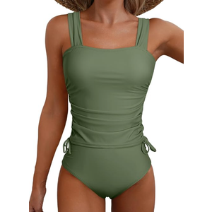 Aleumdr Womens Retro Ruched Two Piece Strappy Tummy Control Swimwear Tie Side Tankini Bathing Suit Set (M)
