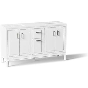 KOHLER Seer 60 Inch Bathroom Vanity Cabinet with White Double Sinks and Quartz Top, Modern Bathroom Vanity, White, K-33555-ASB-0