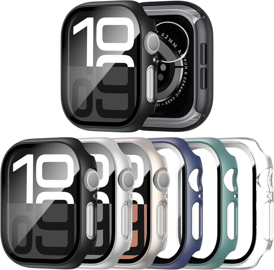 JERXUN 6 Pack Case with Tempered Glass Screen Protector for Apple Watch Series 11 Series 10 46mm, Ultra-Thin Scratch Resistant Full Protective Hard PC Bumper Cover for Apple Watch 46mm