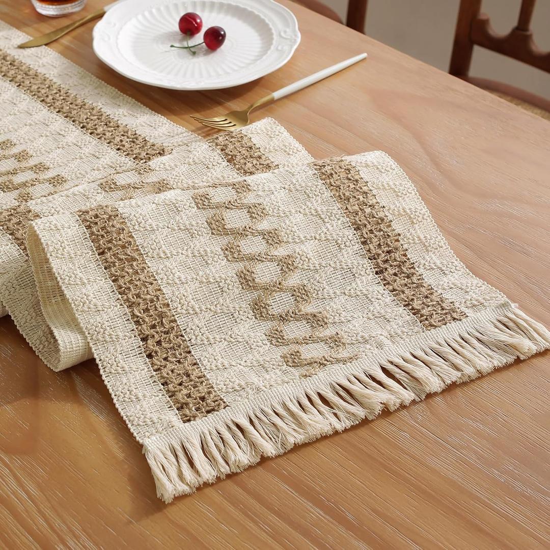 Niviy Boho Table Runner with Tassels 12 x 36 Inches Long, Cream & Brown Rustic Farmhouse Table Runner with Tassels for Home Kitchen Holiday Party and Wedding Decor Runner
