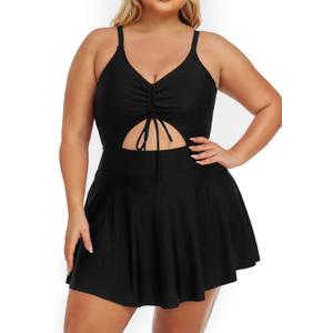 Summer Mae Women's Plus Size One Piece Swim Dress Floral Cutout Swimsuits V-Neck Bathing Suit with Skirt (Black) Summer Mae Women's Plus Size One Piece Swim Dress Floral Cutout Swimsuits V-Neck Bathing Suit with Skirt (Black)