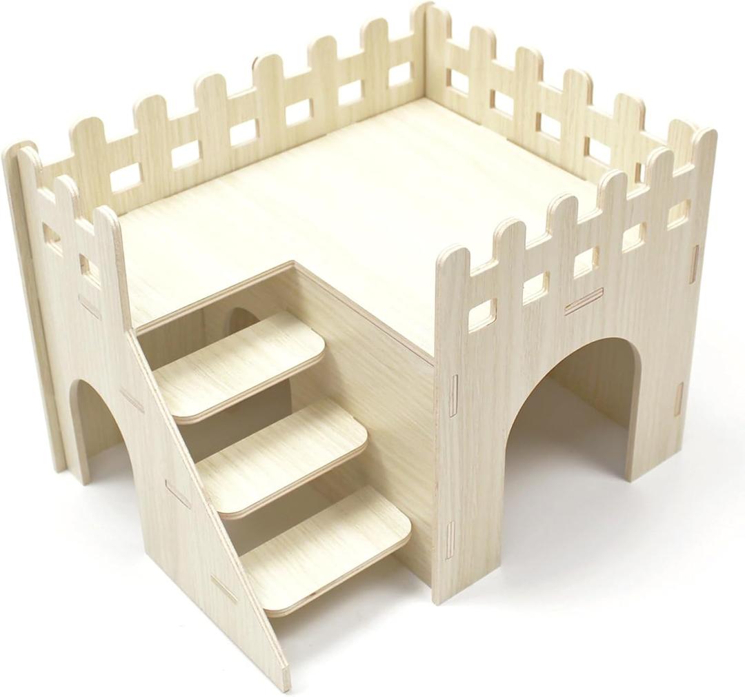 Amonk Hamster Hideout 10x8x7 inch Large Size Wooden House Wood Hut Habitats Decor with Climbing Ladder for Bunny, Chinchillas, Dwarf Rabbits, and Other Small Pet Animals