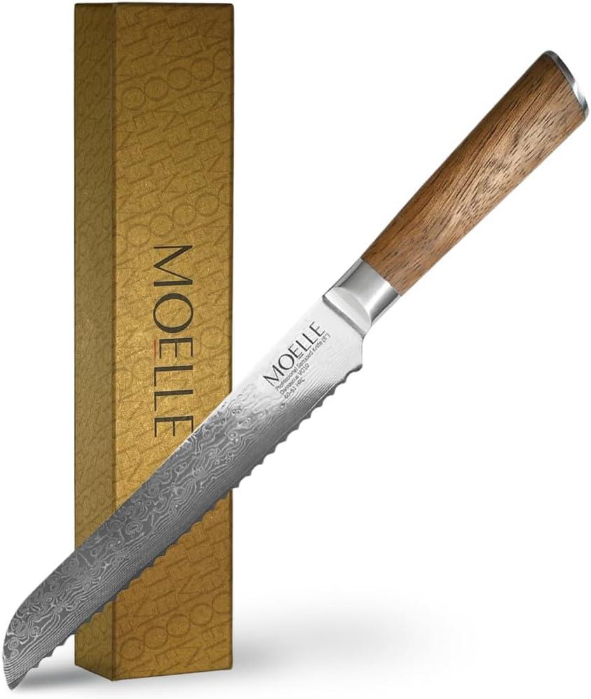 MOELLE Professional 9 Inch Serrated Knife  Kitchen Knife for Chefs/Cooks - Crafted with Damascus Steel Danish Design Ergonomic Teak Wood Handle