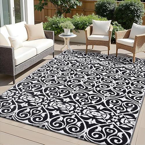 OLANLY Outdoor Rug Waterproof 5x8 ft Clearance, Reversible Outdoor Plastic Straw Rug with Floral Pattern, RV Mat for Patio, Camping, Balcony, Deck, Backyard, Black & White