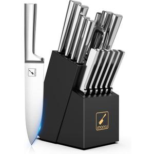 imarku Knife Set - 15PCS Kitchen Knife Set Japanese High Carbon Stainless Steel Knives Set for Kitchen, Dishwasher Safe Ultra Sharp Professional Chef Well Balance Knife Block Set, Black