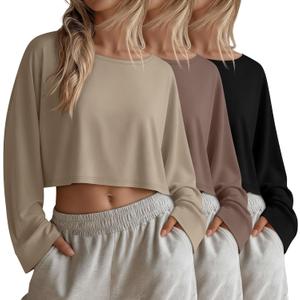 3 Pack Women's Long Sleeve Crop Shirts Loose Fit Cropped Oversized Tees Crew Neck Casual Pullover Tops (X-Large, Apricot, Brown, Black)