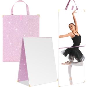 Colingmill Frameless Backstage Mirror with Handle 33.5 x 13.5 Inch Glitter Foldable Hanging Mirror Rectangular for Travel Dance Bag Home Fitness Spa Gift for Dancers(Purple)