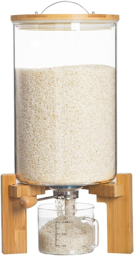 HBlife 14-16 Lbs Glass Rice Dispenser with Wooden Stand Flour and Cereal Container with Glass Measuring Cup Pantry Food Organization Storage Bin with Airtight Bamboo Lid, 8L