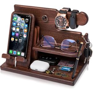 TESLYAR Wood Phone Docking Station for Men - Desk or Nightstand Organizer - Birthday Gifts for Husband, Dad - Anniversary Idea from Wife - Key Holder, Stand Wallet, Watch & Essentials (Bourbon Brown)