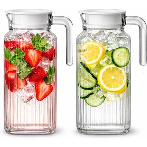 Glass Pitcher with Lid 2 Pack 55 oz Glass Water Pitcher, Iced Tea Pitcher with Handle, Ribbed Juice Container for Fridge, Glass Beverage Container for Lemonade, Milk, Drinks