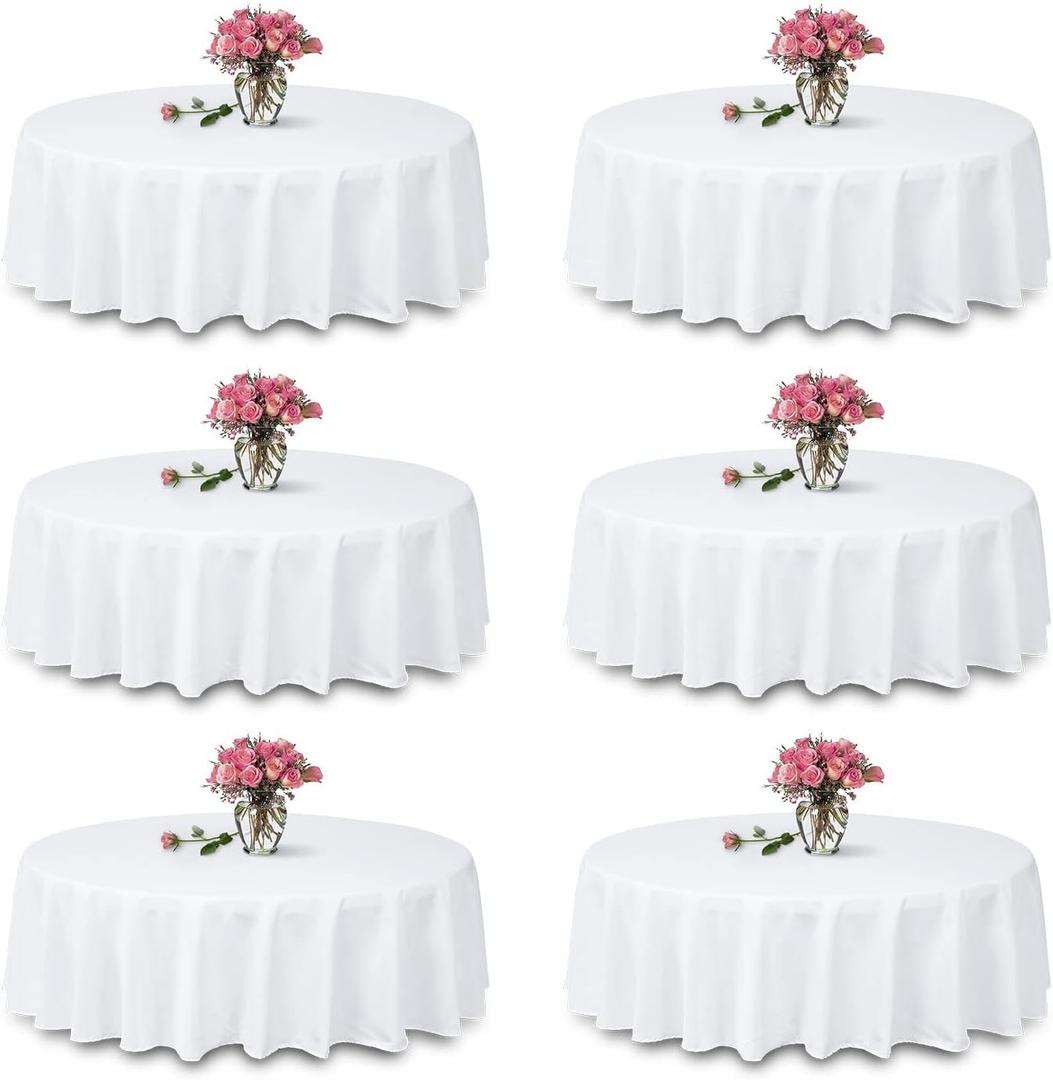 6 Packs White Round Tablecloth -90inch,100% Polyester Fabric Washable Table Clothes for Wedding/Party