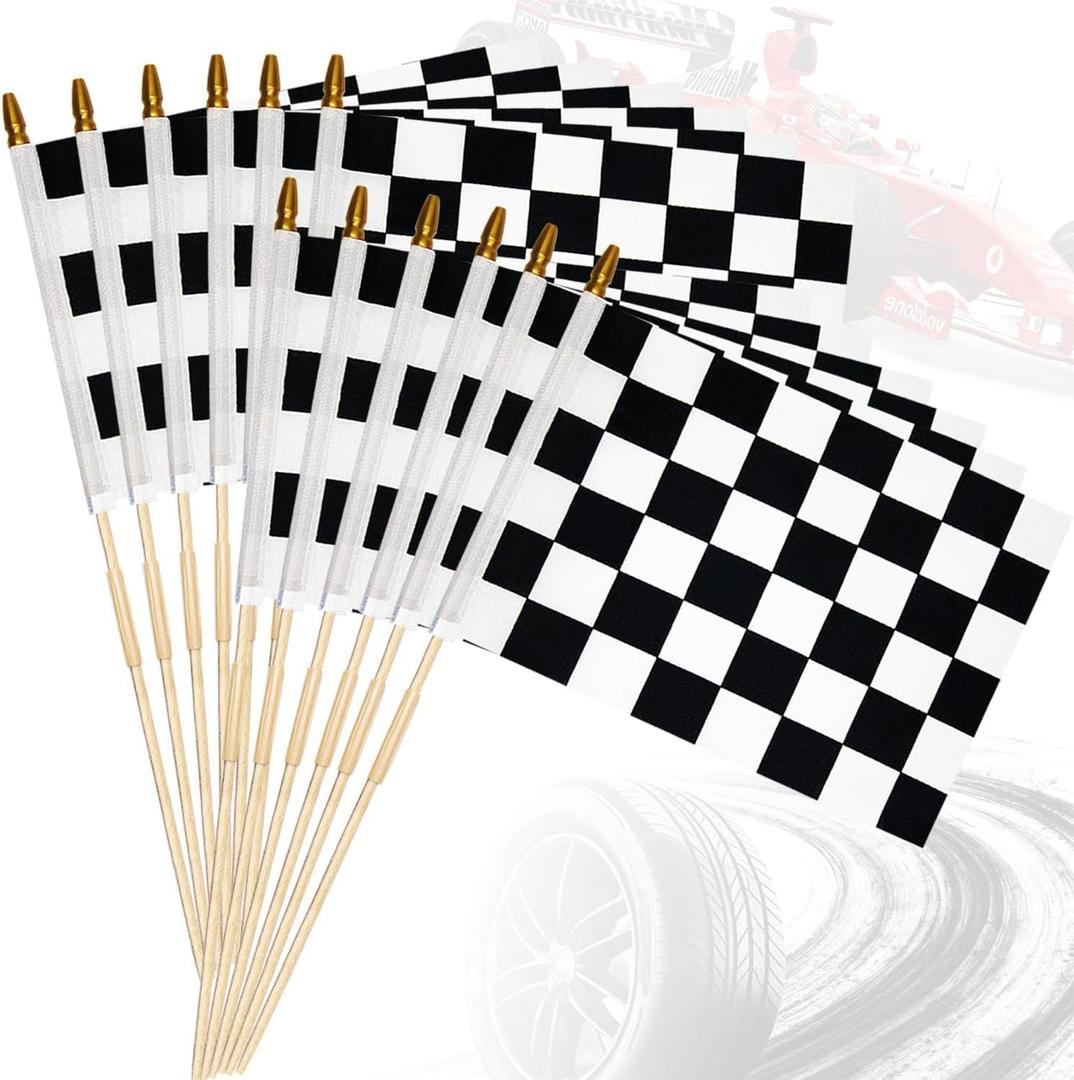 Pack of 12, 12x18 Inch Checkered Flags on Stick with Spear Top, Small Black and White Racing Flags Hand Held Race Car Flags for Birthday Party Supplies, Party Decorations