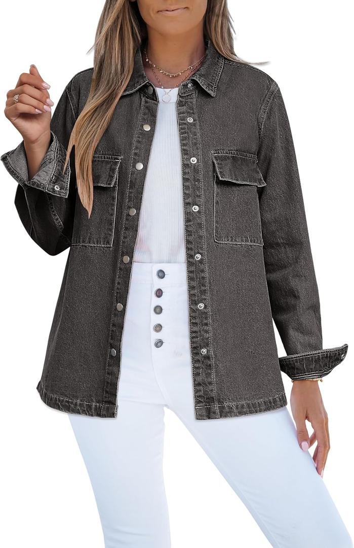 luvamia Jean Jackets for Women 2026 Fall Fashion Oversized Button Down Denim Jacket Western Shacket Jacket with Pockets (Gray, XL)