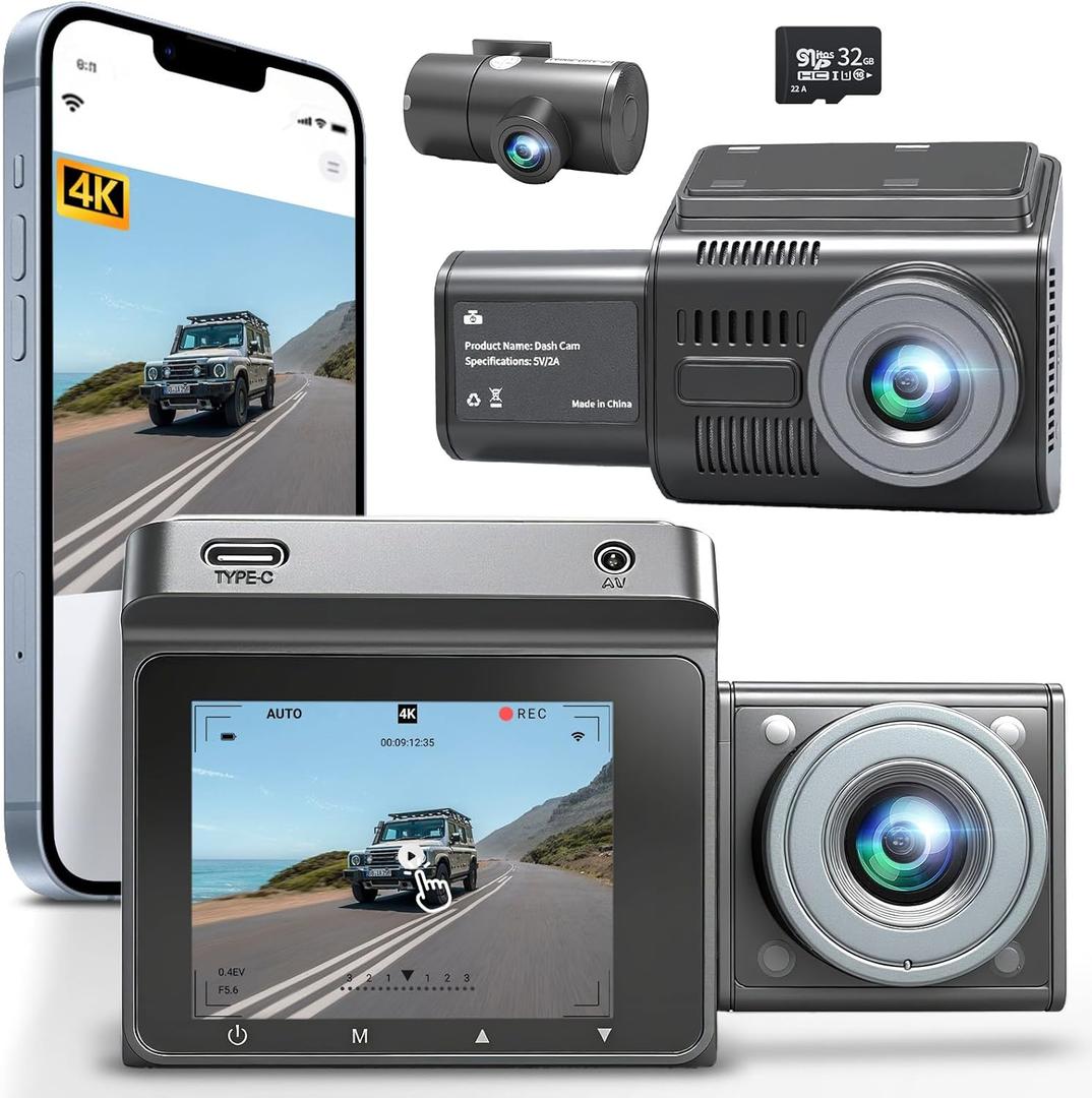 4k Dual Dash Cam Front and Rear,Hd Three-Camera Car Recorder,Equipped with GPS Navigation, Loop Recording, Parking Monitoring, Collision Sensing, 3.2 IPS Screen,Free 32g Memory Card