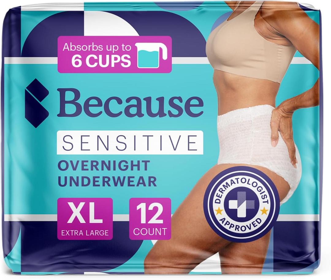 Because Adult Incontinence Underwear for Sensitive Skin - Women - Premium Overnight Disposable Briefs, Anti Odor - White, X-Large - Absorbs 6 Cups - 12 Count (Pack of 1)