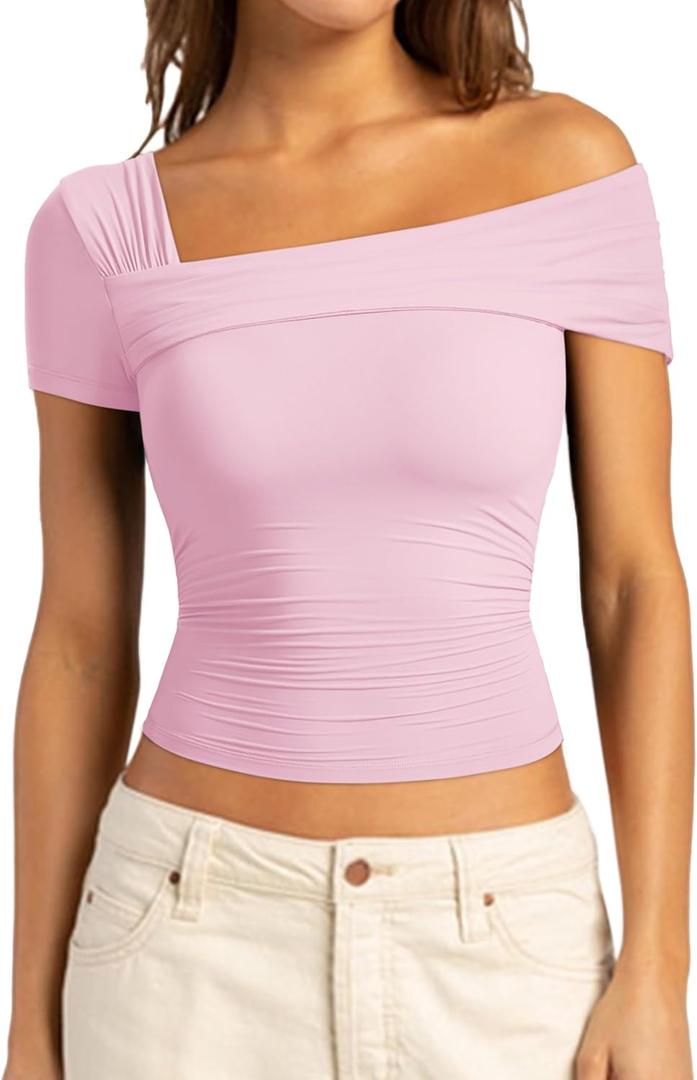 SUUKSESS Women One Off The Shoulder Summer Tank Tops Ruched Short Sleeve Shirts (Large, #1 Pink)