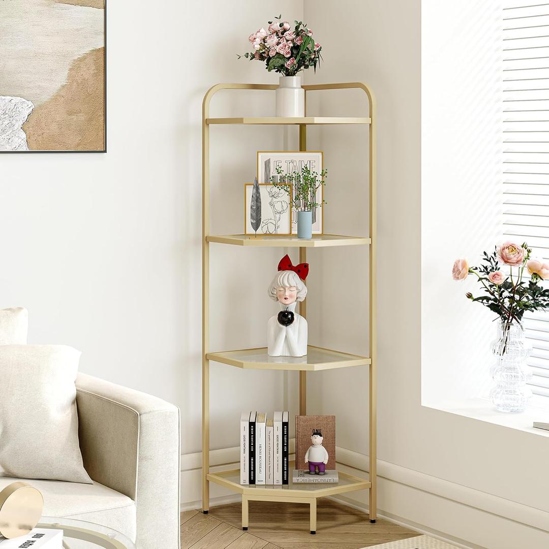 Corner Shelf Stand, Glass Bookshelf Bookcase, Bathroom Organizer, Plant Stand, Steel Frame, Tempered Glass, Modern Style for Living Room, Bathroom, Kitchen, 4-Tier Golden CS90400G