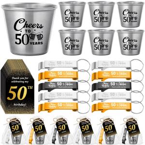 Domensi 30 Sets 50th Birthday Party Favors for Guests Bulk Include Cheers to 50 Years Short Cups Beer Bottle Opener Keychains Thank You Cards with Gift Bags and Ropes for Birthday Party Gifts