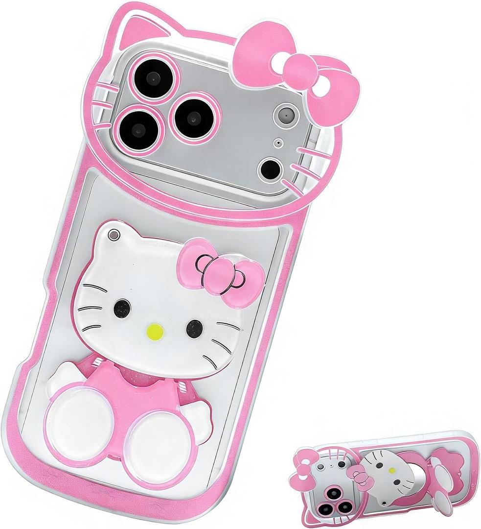 Anime Cat Case for iPhone 17 Pro,Phone Holder Stand with Makeup Mirror, Kawaii Phone Cases, Cool Unique Protective Cover for Women