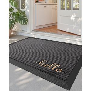DEXI Front Door Mat Outside Entrance, 31x47 Rubber Entry Doormat Heavy Duty, Non Slip Welcome Mats for Inside House Floor Entryway Exterior Patio, Hello Grey