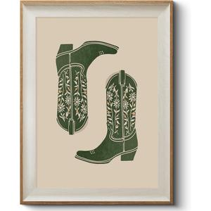 HUARCEY Classic Frame Western Illustration Canvas Wall Art, Vintage Green Cowgirl Cowboy Floral Boots Artwork Painting, Farmhouse Boho Teenager's Living Room Bedroom Home Decor 12x16 Inch