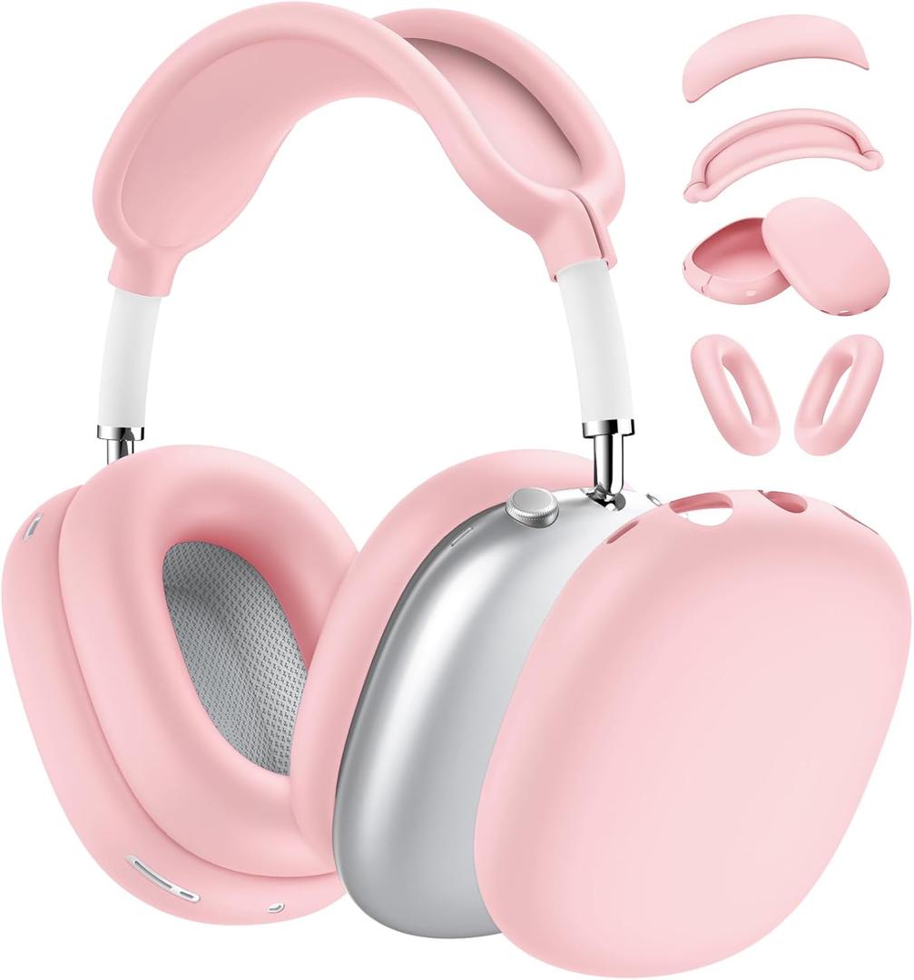 [4 in 1] Silicone Case Cover for AirPods Max USB-C (2024), Anti-Scratch Sweat-Proof Ear Pad Case Cover/Ear Cups Cover/Headband Cover Accessories Silicone Protector for AirPods Max Headphones (Pink)