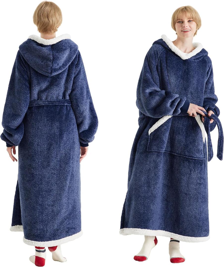 Bedsure Wearable Blanket Hoodie, Long Hooded Blanket Sweatshirt as Birthday Gifts for Women, Cozy Sherpa Hoodie for Adult, Standard, Ocean Blue