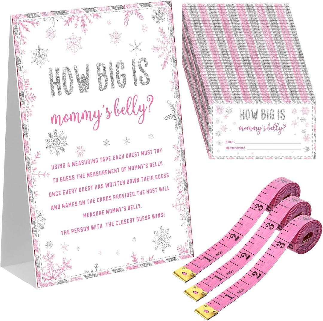 Sinload 54 Pcs Winter Snowflake Baby Shower Games Pink Snowflake Measure Belly Bump Party Game Include How Big Is Mommy's Belly Sign 50 Guessing Cards 3 Measuring Tapes for Winter Baby Shower Party
